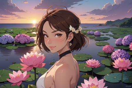 1girl, bare_shoulders, bouquet, brown_hair, brown eyes, cloud, daisy, field, sideboob, flower, flower_field, horizon, hydrangea, lily_\(flower\), lily_pad, lotus, medium_breasts, ocean, outdoors,pink_flower, purple_flower, sky, solo, sunset, upper_body, water, white_flower, looking at viewer, (smile:0.9), pouty lips, closed mouth,