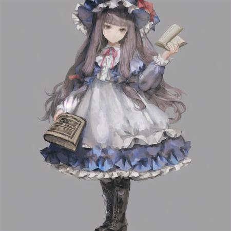 1girl, adapted_costume, blue_bow, blue_ribbon, book, boots, bow, crescent, dress, frills, full_body, hat, hat_ornament, holding, holding_book, long_hair, long_sleeves, looking_at_viewer, mob_cap, patchouli_knowledge, ribbon, simple_background, solo, standing, white_background, white_cat,<lora:yeqiche-000008:0.75>