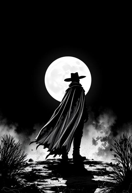 A lone cowboy standing under a full moon, his silhouette rendered in sharp  black-and-white contrast, while his cloak and hat brim extend into swirling, ink-like flourishes. cinematic Western realism meets intricate illustration, high-contrast black-and-white elegance with rugged atmospheric textures, elongated stylized figures with deep dramatic lighting, ornamental flowing linework blending into dusty frontier landscapes, surreal yet storytelling-driven