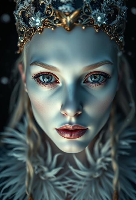 Symmetrical close up shot of a sensual queen , albino, beautiful laurel tiara, feathers collar, extremely beautiful, Big opened eyes, pale skin, from the underworld, subsurface 0.8, two light source, warm and cold contrast, volumetric light, cinematic shot, shot from a movie, gothic aesthetic, horror, gothic, by chris perna, emil melmoth, mystherion, depth of field, bokeh blur, ultra realism, octane render, matt painting, hard shadow, strong light, It"s snowing, photography style