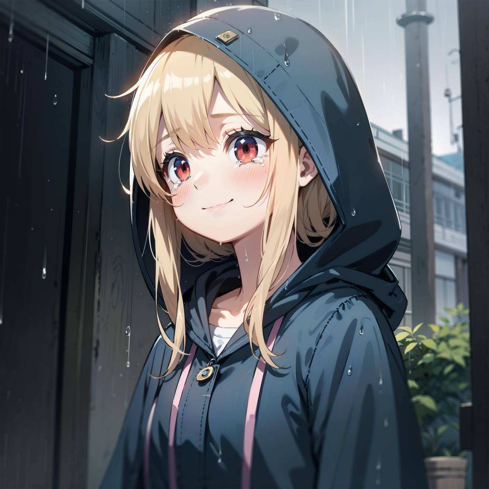 Girl in a raincoat with a hood on her head.