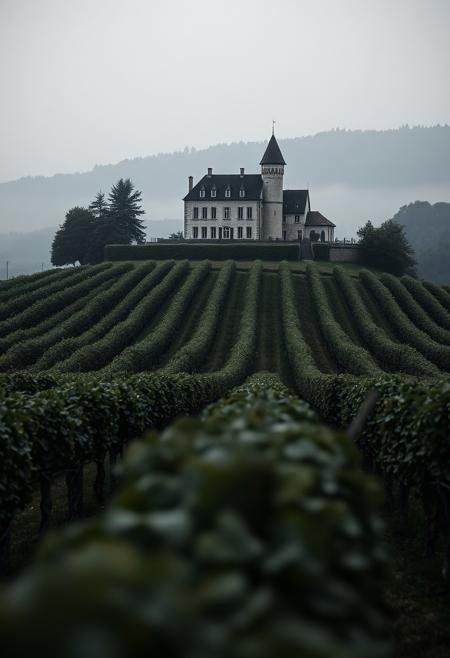 A sprawling vineyard, with a rustic chateau overlooking the grape-laden vines. highly detailed and hyper realistic photo, by Alena Aenami , by Archibald Thorburn , by Daniele Afferni , in the style of monochromatic silhouette reflection, limited dark palette, unusual dark colors, faded colors, atmospheric haze, highly dramatic cinematic lighting, motion blur, film grain, professional, excellent composition, finest details, maximized details, ultimate detail level, masterpiece, best quality