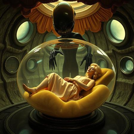 Terrified blonde secretary, clad in a  1950s long delicate silk slip, her glasses askew,  hands tied to headboard,   laying encased in transparent slime filled  jelly egg under lush canopy, reflecting the faint glow of the weird alien lord laboratory. Glossy fluffy  high heels a stark contrast to her distress, as a towering, human-like alien in a glossy black slime baroque  robe looms over her, its long fingers caressing the egg surface.The walls appear to be alive, covered in a pulsing, iridescent slime, while giant observation portholes gaze in like empty eyes, as if the very darkness of space itself is watching this horrific scene unfold. Inspired by the dark, industrial sci-fi of H.R. Giger, the eerie, atmospheric lighting of Zdzisław Beksiński, and the surreal, biomechanical nightmares of Francis Bacon.