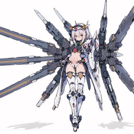 1girl,mecha musume,solo,(Axisymmetric:1.4),(very long leg:1.5),weapon,Rocket on my back,full armour,white,looking at viewer,full body,breasts,holding weapon,holding,very huge gun,holding Very large shield,msgirl girl,<lora:msgirlv3_b:1>