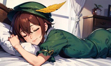 1girl, solo, tressa, smile, green pajamas, lying, on bed, sleeping, hat feather, closed eyes<lora:octopath_tressa:1>