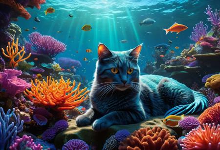 A mystical mermaid cat hybrid, lounging on a vibrant coral reef, surrounded by iridescent sea anemones and schools of rainbow fish, in a stunning, hyper-realistic matte painting, with deep, rich colors, intricate textures, and delicate details, reminiscent of the fantastical works of Ash Thorp, Simon Stalenhag, and Loish, in an 8k resolution, bursting with life and energy, as if rendered in Unreal Engine 5, with a captivating splash screen aesthetic, featuring complementary colors that seem to dance across the canvas.