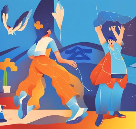 5 cartoon boy,girl, fullbody, standing, colorful, fashion, blue background, high quality,editiorial abstract illustration,