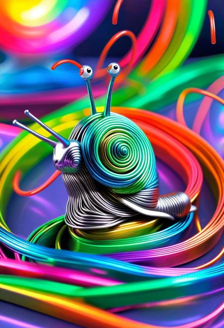 confused snail made of mint l1qu1dp34rl stuck in a loop-de-loop track made of metal spaghetti, shiny absurdity, rainbow trail behind it