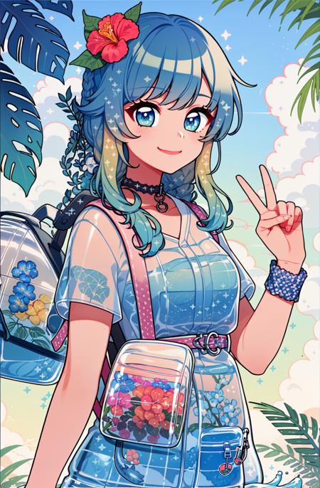 masterpiece, best quality, 1girl, solo, upper body, water, tropical background, standing, modern clothes, gradient hair, blue eyes, hibiscus , backpack, bright colors, pattern, long hair, multicolor eyes, translucent clothes, smile, peace hand, boba tea, peace sign