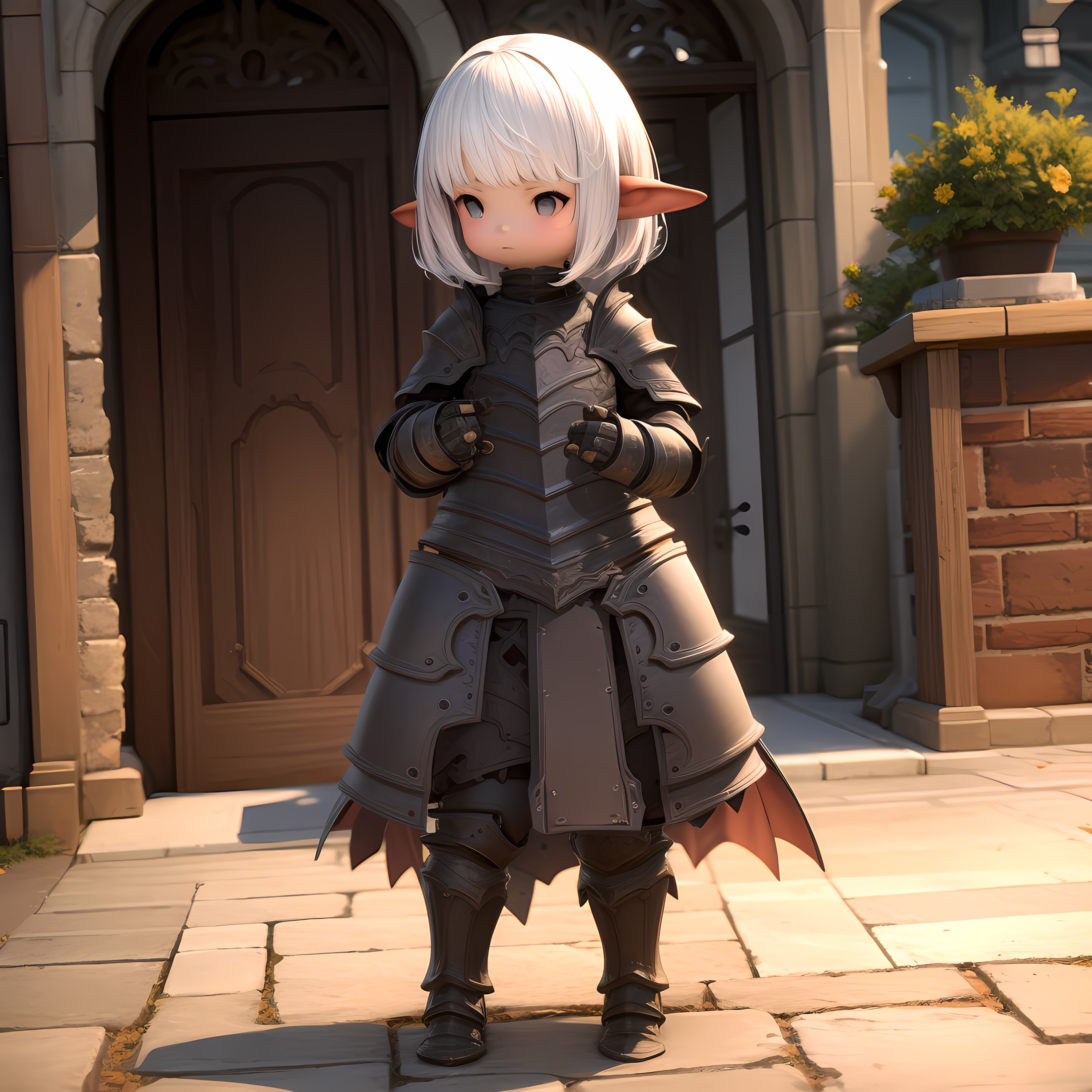 ((masterpiece, best quality)),(complex light), 1girl,  ,solo,solo focus, full body,  <lora:Lalafell1-10:0.8>, armored dres...
