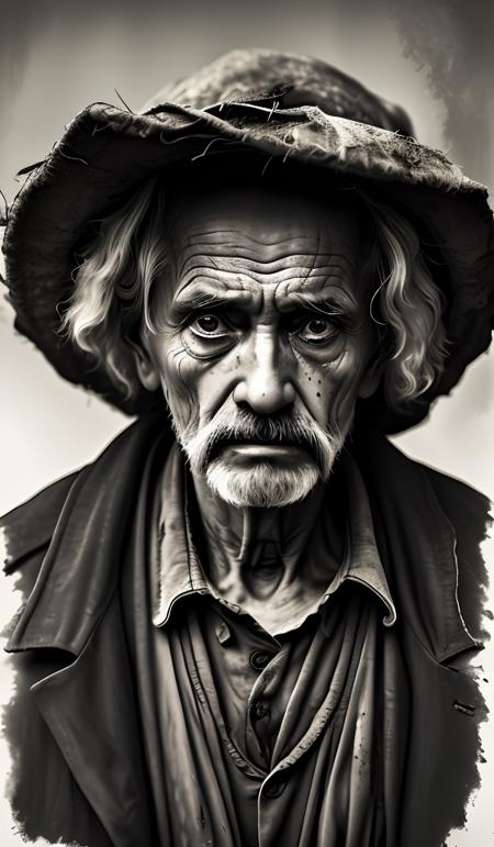 A portrait of poor russian 1800 old worker in rags, ((overwhelming fatigue )), wrinkles of age, nature,moody gray colors , gritty,highly detailed