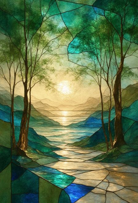 An expansive and dreamlike artwork, depicting an abstract landscape rendered entirely in a stained-glass style, exploding with fragmented perspectives and a symphony of color, realized in a Cubist vision. The composition pulses with vibrant, unnatural hues â emerald green, sapphire blue, molten gold â sharply contrasted by stark black outlines and a pervasive, internal glow radiating from the fractured glass segments. Multiple viewpoints converge, revealing a sense of boundless depth and layered complexity within the seemingly fragmented terrain. Subtle photorealistic detailing â the subtle texture of the glass itself, the reflection of light across the planes, the delicate patterns within the color fields â is meticulously integrated with the geometric fragmentation, blurring the line between abstraction and tangible reality. A soft, kaleidoscopic glow emanates from within the stained-glass elements, intensifying the sense of otherworldly beauty and boundless imagination. Ultra detailed, 8k resolution, volumetric lighting, octane render, a visually arresting and emotionally charged composition, transcending traditional landscape representation and embracing the boundless possibilities of artistic expression.