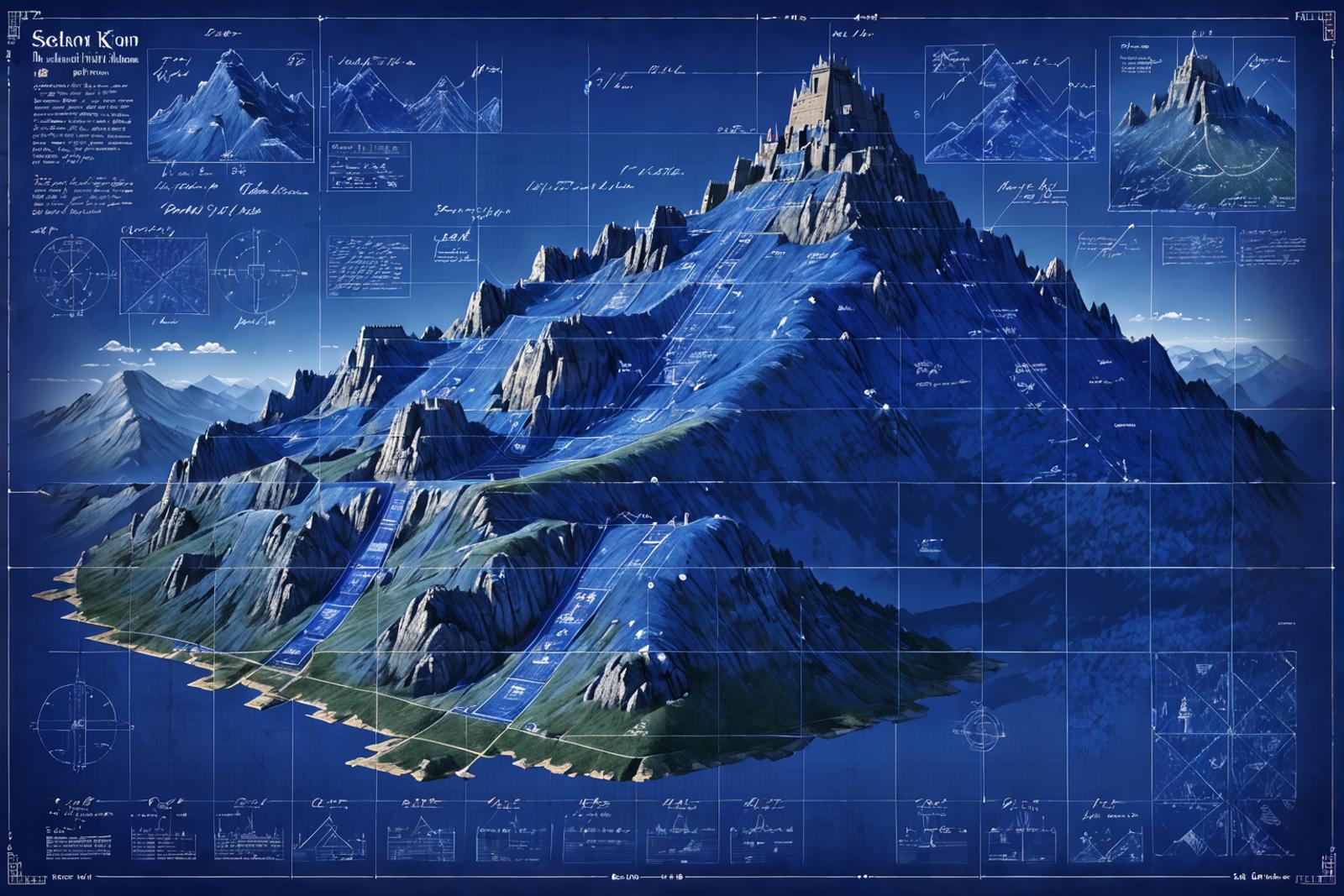 Blue and white mountain range illustration with blueprints.