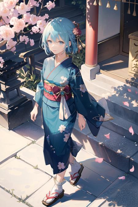 1girl, solo, from above, \(white lily flowers\), aesthetic, intricate, best quality, detailed background, Sayaka Miki, ((\girl wearing a patterned teal kimono:1.2\)), \(walking in zen garden\),  casual pose, detailed textures, posing, floral print, hair flower, hair ornament, japanese clothes, kimono, obi, outdoors, pagoda, petals, (teal kimono), sash, shrine, sky, stone stairs, torii, wide sleeves, yukata <lora:SayakaMiki:1>