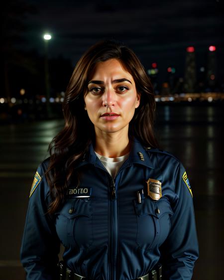 professional portrait photo of a 30-year-old woman, desilatte, conservatively dressed in NYPD Police uniform, serious expression, solo, anatomically accurate, night time, city bokeh lights   <lora:Desi_Coffee_V3_SD15_LoRA_prodigy_local_regs:1>