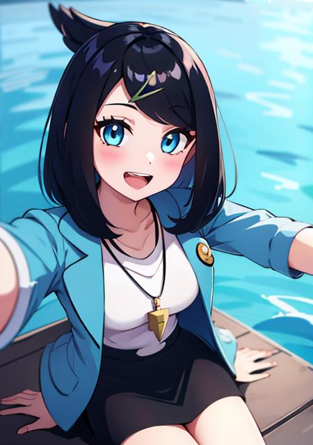 <lora:liko:0.4>, liko, 1girl, looking at viewer, blush, smile, open mouth, bangs, blue eyes, skirt, shirt, black hair, hair ornament, jewelry, sitting, jacket, white shirt, :d, open clothes, shorts, teeth, tongue, hairclip, black skirt, medium hair, water, necklace, coat, eyelashes, pokemon (creature), upper teeth only, open coat, selfie, pokemon on shoulder