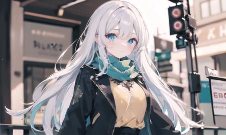 finely detail, Depth of field,best quality, illustration,highres,intricate detail, an extremely delicate and beautiful,
1girl, long hair, shirt, yellow shirt, (namess koishi:0.4), disheveled hair, breasts black jacket, black sleeves,white hair, green scarf, blue eyes, ,skirt,  <lora:20240107-1704597280257-0002:0.75>
city,