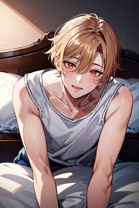 (best quality, masterpiece:1.4), (1boy), asmodeus, playful expression, champagne color hair, left parted hair, orange eyes, laying in bed, painted nails <lora:asmodeusV2:0.75>