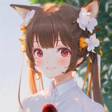 <lora:mlrdjlock:1>, mlrdjlock, background, foreground, depth of field, 1girl, animal ears, blush, brown hair, flower, fox ears, hair flower, hair ornament, hair ribbon, highres, long hair, looking at viewer, portrait, red eyes, ribbon, shirt, simple background, smile, solo, sunflower, twintails, white background, white flower, white ribbon, white shirt, xilansama, yellow flower