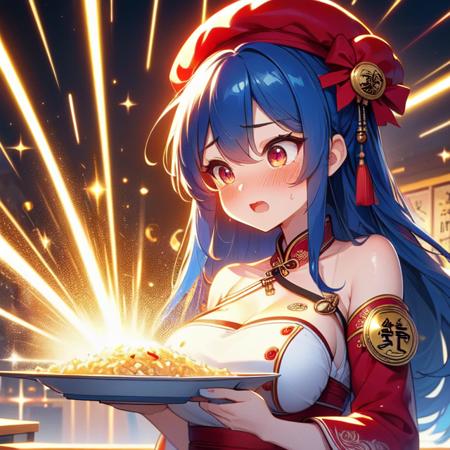 chūka ichiban glowing chinese cuisine laser beam shoots from center in all directions holding plate beret hat qipao china palace square table countless crowd