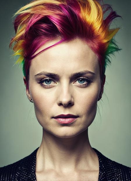 portrait of sks woman by Flora Borsi, style by Flora Borsi, bold, bright colours, rainbow Mohawk haircut, ((Flora Borsi)), <lora:lora_radha_v1_from_v1_160:1>