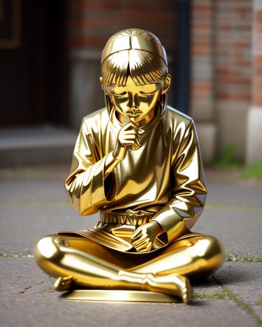 A gold statue of a little girl sitting on the ground.