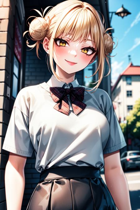 (best quality:1.2), 1girl, (masterpiece:1.2), raytracing, cute face, perfect face, ultra detailed,detailed face, 8k wallpaper, wide hips, <lora:more_details:0.5>, TogaHimiko_NDV, 1girl, yellow eyes, blonde hair, large breasts, short hair, double bun, hair bun, messy hair,  <lora:TogaHimiko_NDV:0.7>, outdoor, smile, shirt, sweater, skirt, bow tie