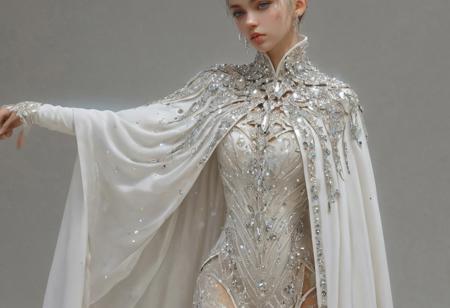 score_9, score_8_up, score_7_up, score_6_up, score_5_up, score_4_up,<lora:Fant5yP0ny:0.8> Cape; This white cape has a high collar and is studded with thousands of sequins that glitter brightly in any sort of light. 