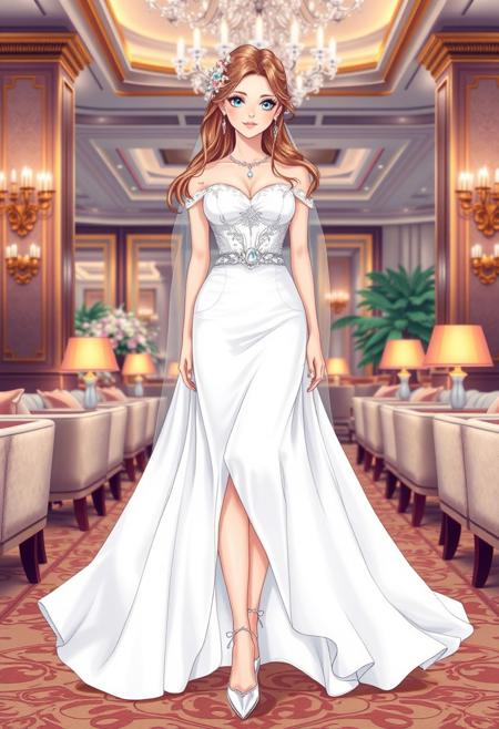 A full-body fashion drawing of a 20-year-old girl with long hair styled in an elegant wedding hairstyle. She has vivid blue eyes and wears a luxurious white wedding dress with flowing fabric and intricate detailing. Her look is completed with sparkling jewelry and elegant white high-heeled bridal shoes. An eye-catching element, such as a shimmering silver belt or a delicate floral accessory in her hair, adds a stylish focal point. The scene is set in the lavish interior of an expensive hotel lounge, with plush furniture, golden accents, and soft ambient lighting that enhances the elegance of the composition. The illustration captures the sophistication and glamour of high-end bridal fashion in an upscale setting.