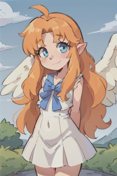 1girl, heaven, pearly gates, god rays, 80's anime style, <lora:filoTateNoYuusha_v10:0.5> filo, clouds, mist
upper body, filo, 1girl, solo, embarrassed, closed mouth, white wings, hite dress, blue bow, long hair, blue eyes, looking at viewer, parted bangs, bent over, arms behind back, <lora:filo2-05:0.9>, claymation