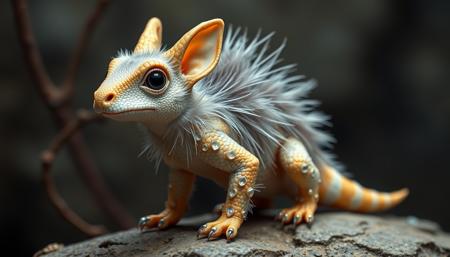 A agumon in crystal earrings style, with a jerboa grey feathers. the background is snout growth, and heresy (artist) elements are seen.
