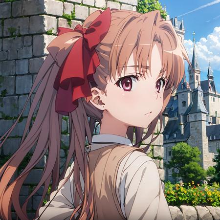 shirai_kuroko,  <lora:shiraikuroko_v1:1>, jewelry, bracelet, day, solo, cloud, horizon, long_hair, outdoors, looking_at_viewer, the best quality, masterpiece, castle wall,