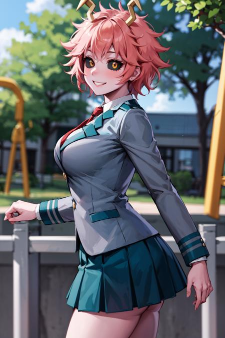 masterpiece, best quality, highres, ashidomina, short hair, horns, (colored sclera:1.1), (black sclera:1.2), pink skin, school uniform, red necktie, collared shirt, blazer, grey jacket, long sleeves, pleated skirt, green skirt, <lora:ashido_mina_v1:0.8>, <lyco:coloredSclera-000010:0.6>, from side, standing, cowboy shot, looking at viewer, outdoors, amusement park, smile,