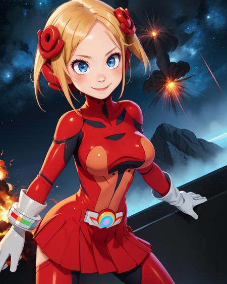 Piyori,short blonde hair,blue eyes,solo standing,smile,
red bodysuit,skin tight,white gloves,hair ornament,red skirt,long sleeves,
stars,explosion in background,
(insanely detailed, beautiful detailed face, masterpiece, best quality),<lora:PiyoriNijino-10D7v7:0.8>,