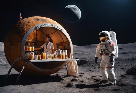 create an image of a local mexican girl running a tea stall on the Moon warmly welcoming the American astronauts during their historic visit shows the uniqueness of the tea stall and the tea stall itself,dynamic pose,4k, 8k,realistic,cinematic