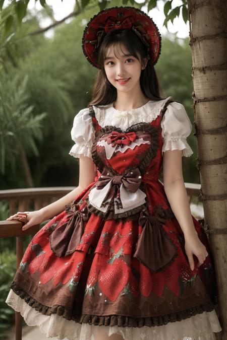 best quality,masterpiece,realistic,photorealistic,1girl,solo,looking at viewer,smile,long hair,black hair,straight hair,standing,cowboy shot,cyb dress,layered dress,print dress,frilled dress,strawberry print,dress bow,bow,hair bow,hat,garden,flower,tree,water,detailed background,<lora:lo_dress_vol3_style3_v1:0.75>,<lora:Background_Detail_v3:1.5>,