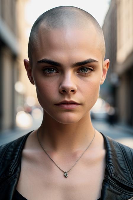 beautiful woman (carad3l:.99) with a (shaved head:1.2), beautiful hair, ((portrait)), (closeup:1.2), ((from the waist up)), posing for a picture ((on a city street:1.2)) , natural skin texture, (wearing fashionable streetwear:1.2), 24mm, 4k textures, soft cinematic light, adobe lightroom, photolab, hdr, intricate, elegant, highly detailed, sharp focus, ((((cinematic look)))), soothing tones, insane details, intricate details, hyperdetailed, low contrast, soft cinematic light, exposure blend, hdr, faded, now, ("I've got a bad feeling about this.":1.1)