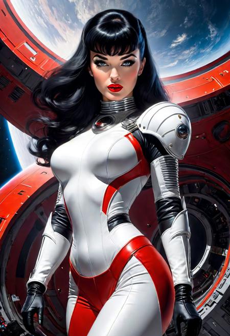 bettie page, long black haired female, dark eyes, white black silver red retro sci-fi spacesuit costume, fabulous, stunning, astonishing, glamorous standing pose, Serge Marshennikov, Luis Royo, 16k resolution concept art :: fantasy magazine cover art", detailed, vivid, realistic, Karol Bak contrasting colors, detailed painting wide-angle lens ethereal hyperdetailed, full length portrait