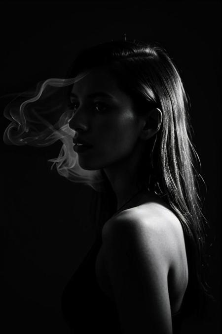 realistic photo of a woman  distribution, rembrandt, chiaroscuro, with, triangular, highlight, dramatic, one-light, technique, classic, portrait, high-key, medium, shoot, profile, looking, viewer, rim, hair, light dark, dim , lowkey, low key,  film grain  dark, night, black room , dark room , expired film dark image, shadow, shadows low contrast,  dark  shadow, (background HyperSmoke), dark smoke background, black smoke background, dark smoke theme,  Hyper shadow smoke, hyper smoke smooth fog smoke background fill the room , cinematic smoke