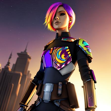 SabineWren, realistic, photorealistic, (multicolored hair), 1girl, masterpiece, best quality, dynamic lighting, highly detailed, 8k, breastplate, short hair, full body, (standing in large futuristic city)