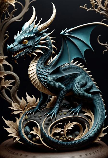 Dragon, 3D sculptural art, dark fantasy, intricate details, surreal creatures, textured surfaces, whimsical horror, muted tones, stylized anatomy, imaginative character design, organic forms, atmospheric lighting, sculpted realism, eerie beauty, storytelling elements, otherworldly mood