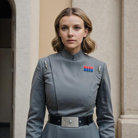 professional portrait photograph of a woman 30 year old Millie Bobby Brown with (long sandy blonde hair), (wearing an Imperial officer (gray) uniform, <lora:Imperial Officer:0.7>), (looking up in Style-Italy:1.2), summer <lora:DetailedEyes_V3:0.8> (pores:0.5) (freckles:0.2) (bokeh:0.3)