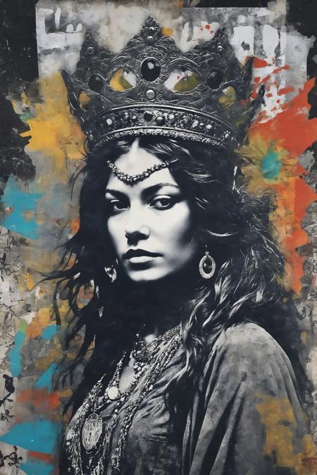 surreal hippie queen, feral  background, mixed media collage, street art graffiti,expressive,moody,monochromatic