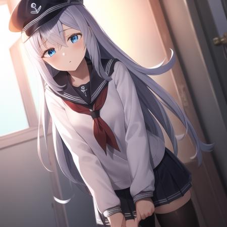 (masterpiece, best quality1.2),illustration,8k,hd,1girls,solo,long_hair,blue_eyes,hair_between_eyes,grey_hair,hat,white_hair,anchor_symbol,black_headwear,black_sailor_collar,black_skirt,flat_cap,long_sleeves,neckerchief,pleated_skirt,red_neckerchief,sailor_collar,school_uniform,skirt,black_thighhighs,<lora:Hibiki>,