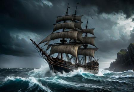 Capture the intensity of a brig battling turbulent waves as it approaches the rugged shores of an uncharted island amidst a storm. Highlight the dramatic contrast between the dark, roiling skies and the rugged coastline, evoking a sense of peril and determination. Low-key lighting Style