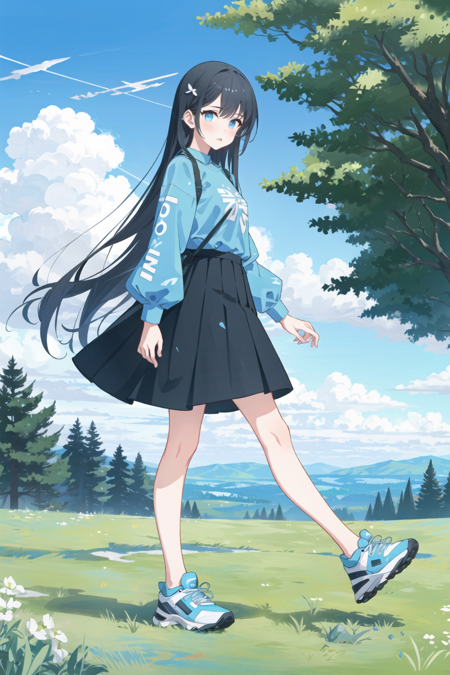 1girl, solo, long hair, skirt, outdoors, cloud, black hair, blue eyes, shirt, long sleeves, shoes, sky, tree, black skirt, full body, blue sky, bangs, blush, blue shirt, sneakers, standing, grass, white footwear, cloudy sky, day, print shirt, looking at viewer, walking