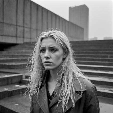 a blond european 25 years exhausted woman, long wet hairs, aggressive look, standing in front of brutalism buildings, stairs, concrete jungle, rain, leaden sky, hilford hp5+, 60 mm lens