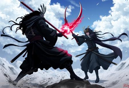 anime, fight, death with his scyte vs samurai in black garment with a huge sable spade