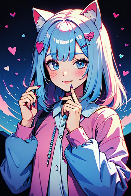 Best quality,masterpiece,ultra high res,<lora:vaporwave:0.7>,
animal ears, hair ornament, cat ears, shirt, multicolored hair, bangs, looking at viewer, white shirt, pink hair, blue hair, long sleeves, cat, collared shirt, 1girl, blush, :3, hairclip, upper body, blue eyes, pink eyes, closed mouth, virtual youtuber, sleeves past wrists, heart, cat girl, x hair ornament, animal ear fluff, smile, jacket, cat hair ornament, solo, hands up, heart hair ornament, blue nails, fish hair ornament, white cat, holding, fang