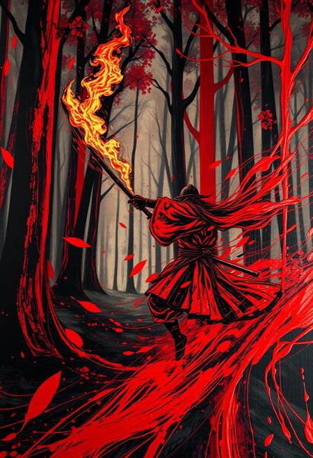 A hyper-stylistic, extremely detailed image depicts a breathtaking painting, crafted from a combination of smeared red and black metallic paint. A charging samurai holding a burning katana in a forest at night is captured in a streaked motion, as if it is moving rapidly in one direction. The red paint is applied in bold, dynamic strokes, creating a sense of energy and movement that is contrasted beautifully by the black accents. The black paint is used to highlight the forest's and samurai's features, adding a sense of depth and dimensionality to the image. The overall effect is one of breathtaking, surreal dynamism, as if the viewer has captured a fleeting moment in time. Every detail of the image is meticulously crafted, from the delicate, swirling patterns of the red paint to the intricate, textured patterns of the black paint. The contrasts between light and dark, color and texture, create a sense of tension and energy that draws the viewer in, inviting them to explore the kinetic world of the painting. highest-Quality, intricate details, visually stunning, Masterpiece